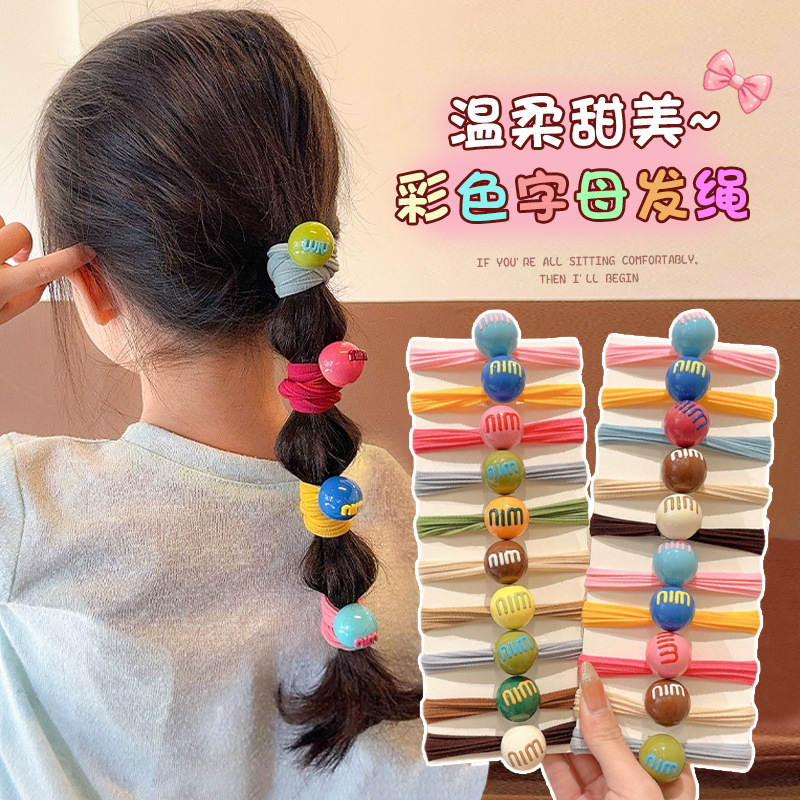 South Korea Children's Rubber Strap Hair Ring Girls' Durable Colorful Paytail Hair Rope High Elastic Little Girl Letter Hair Rope